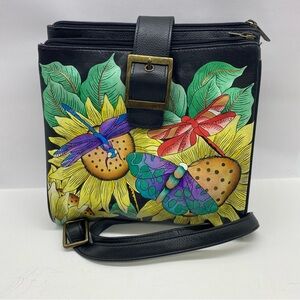Anuschka Hand Painted Leather Handbag Crossbody Purse Black Sunflower Dragonfly